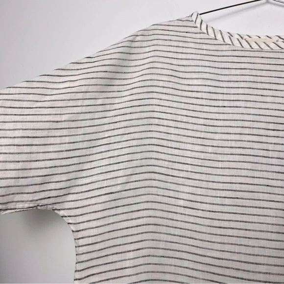 thesalting 100% Linen Striped White and Black Flap Pocket Minimalist Modern Top - Picture 4 of 13